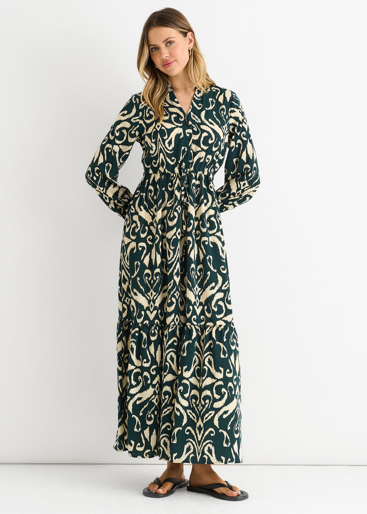 Green Ikat Print Tie Waist Maxi Dress