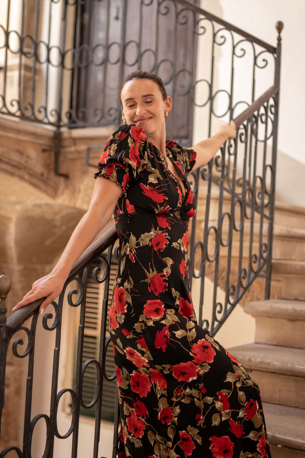 Black Floral Lace Trim Detail Midi Dress