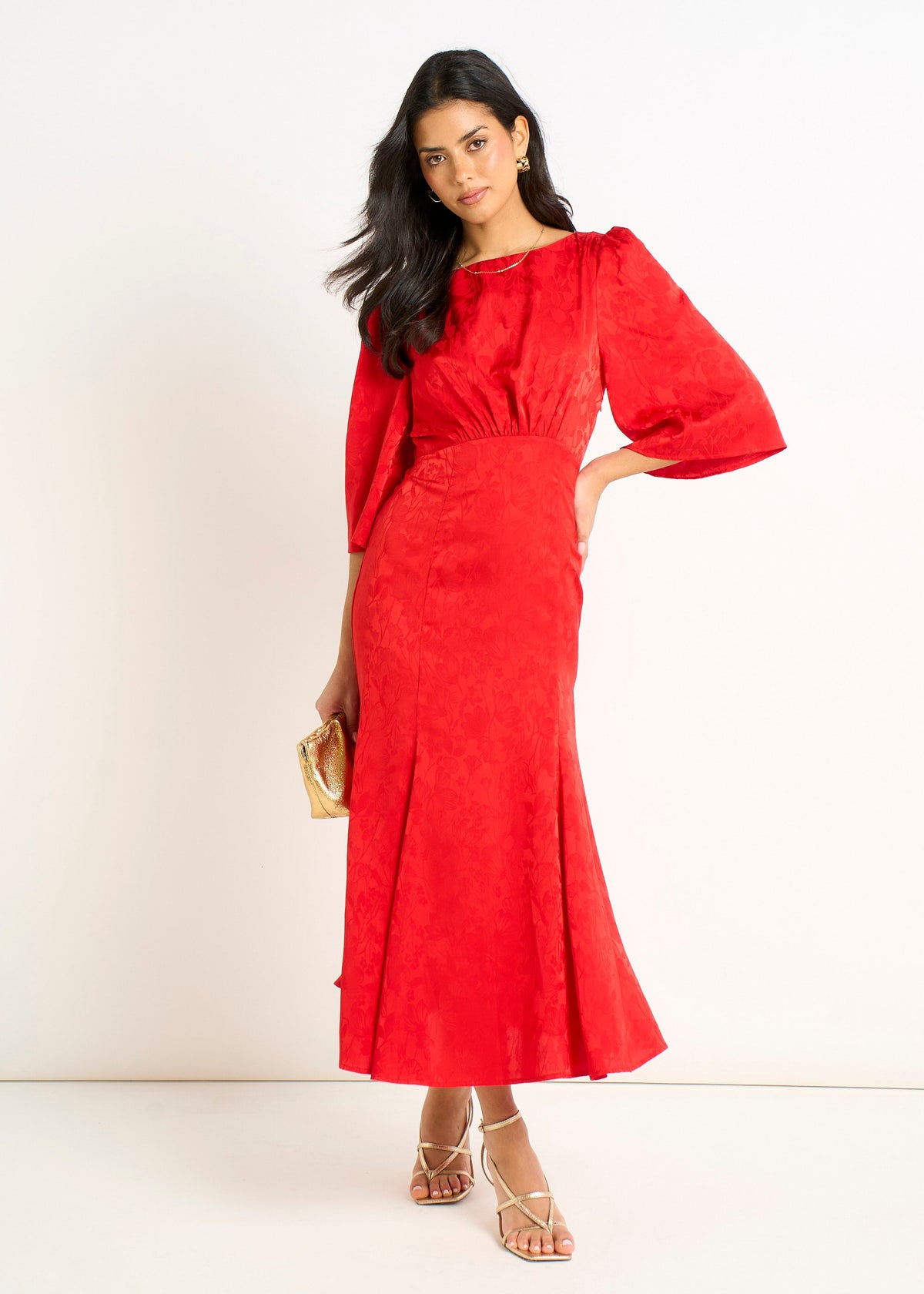 Red Satin Jacquard Midi Dress