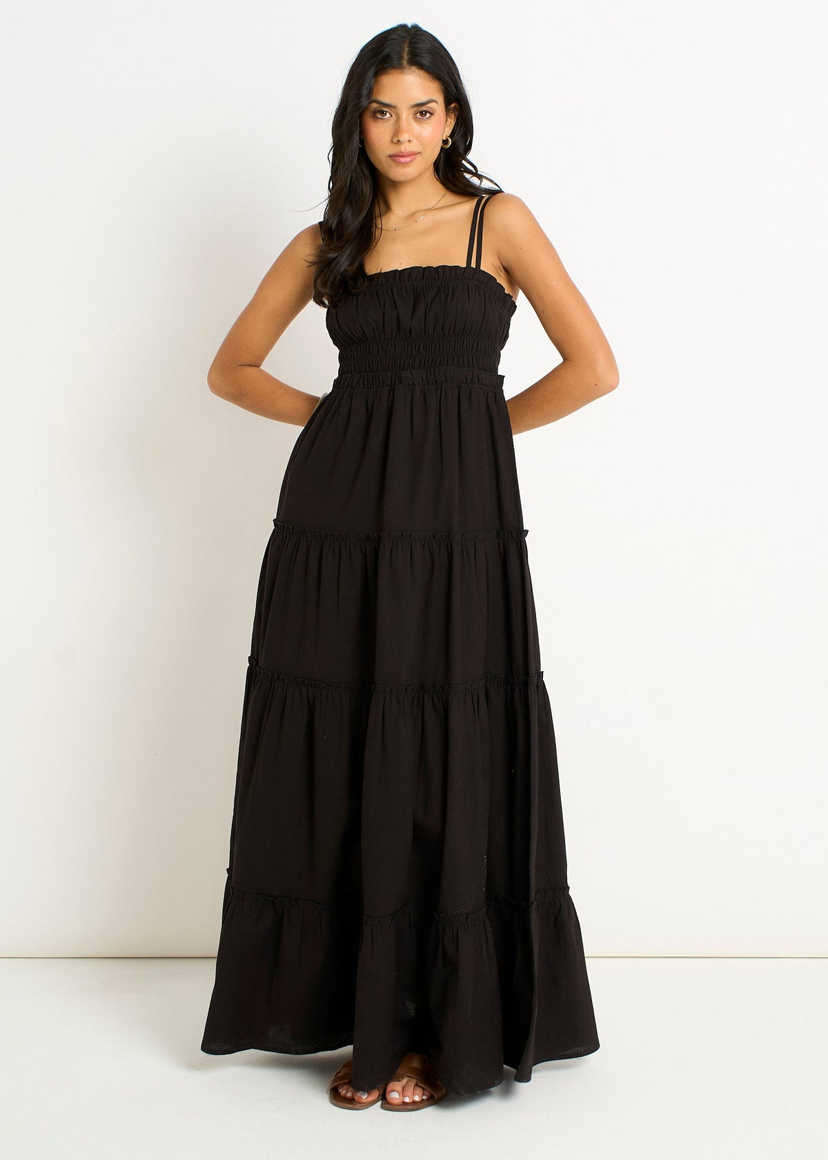 Black Cotton Shirred Strappy Flare Maxi Dress