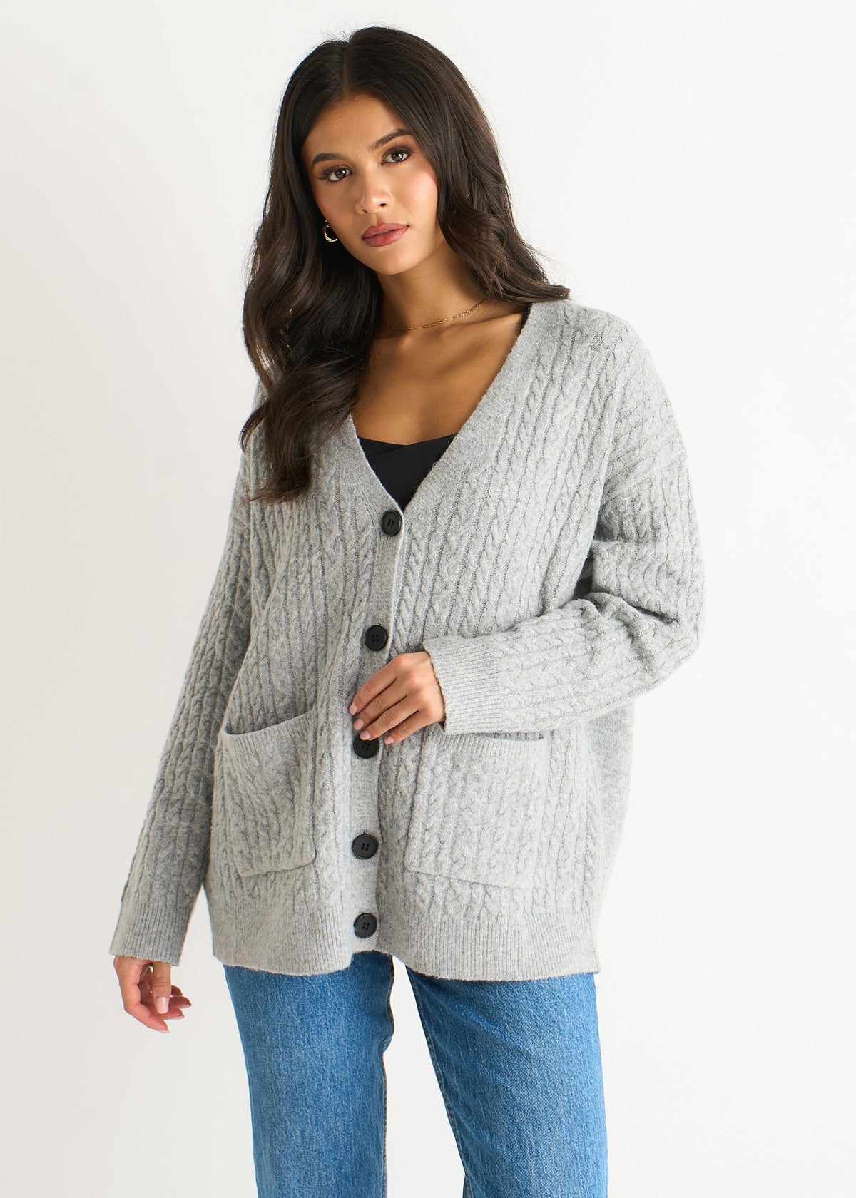 Grey Textured Knit Long Sleeve Pocket Cardigan