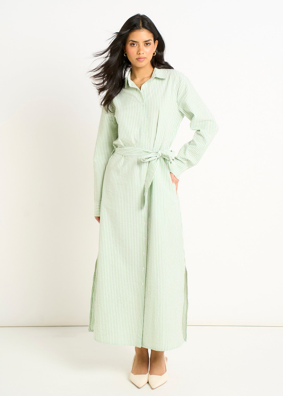 Green Long Sleeves Seersucker Stripe Shirt Dress