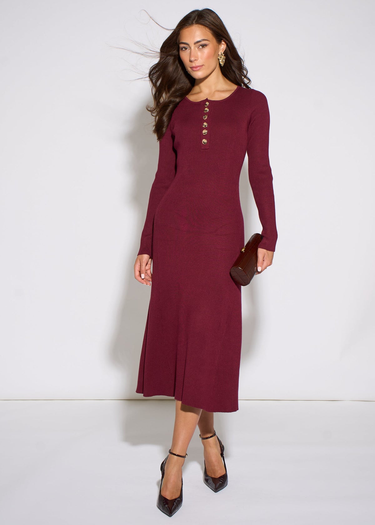Mulberry Long Sleeve Gold Button Midi Dress