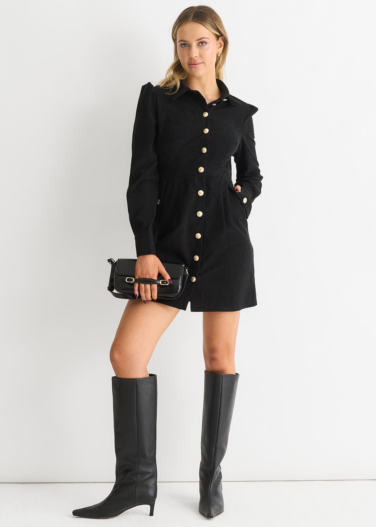 Black Corduroy Mini Shirt Dress - UK 8 / US 4 / EU 36