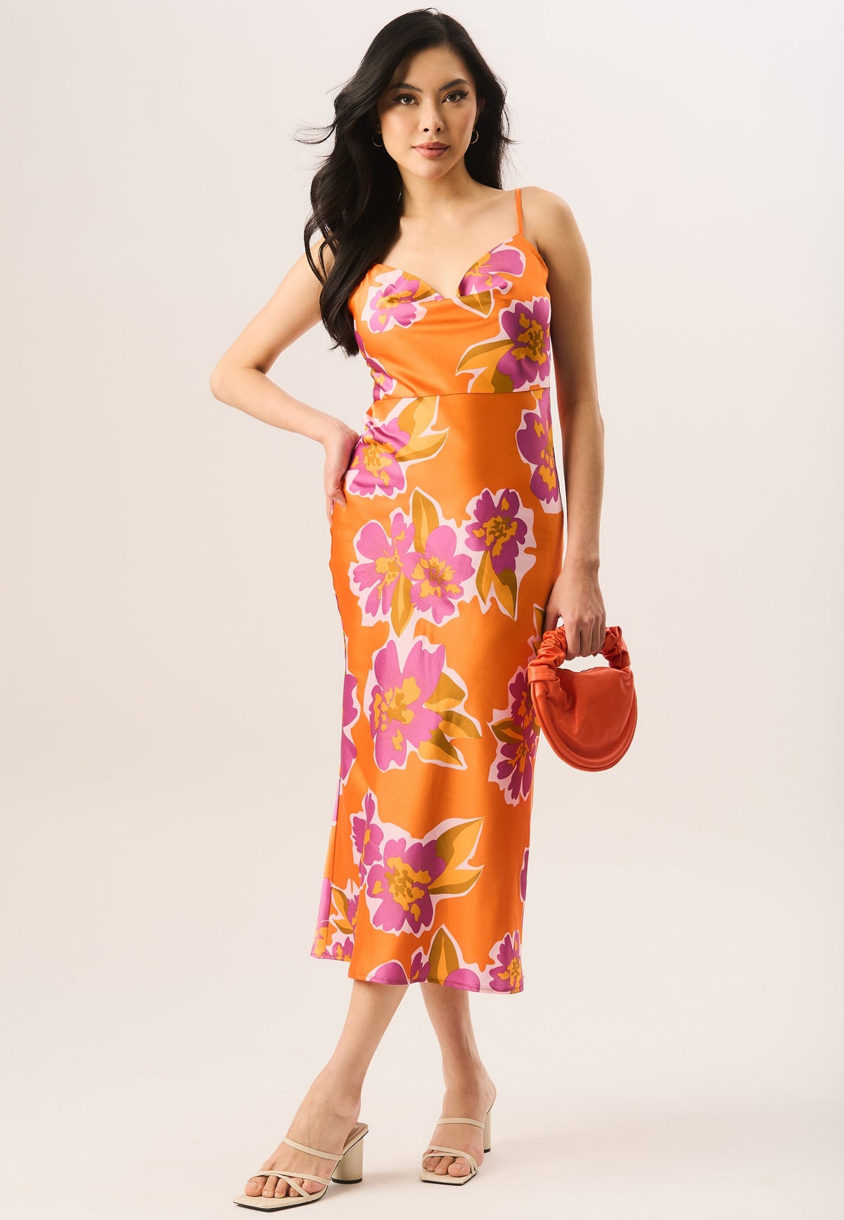 Orange Floral Print Cowl Neck Slip Midi Dress - Orange / UK 8 / US 4 / EU 36