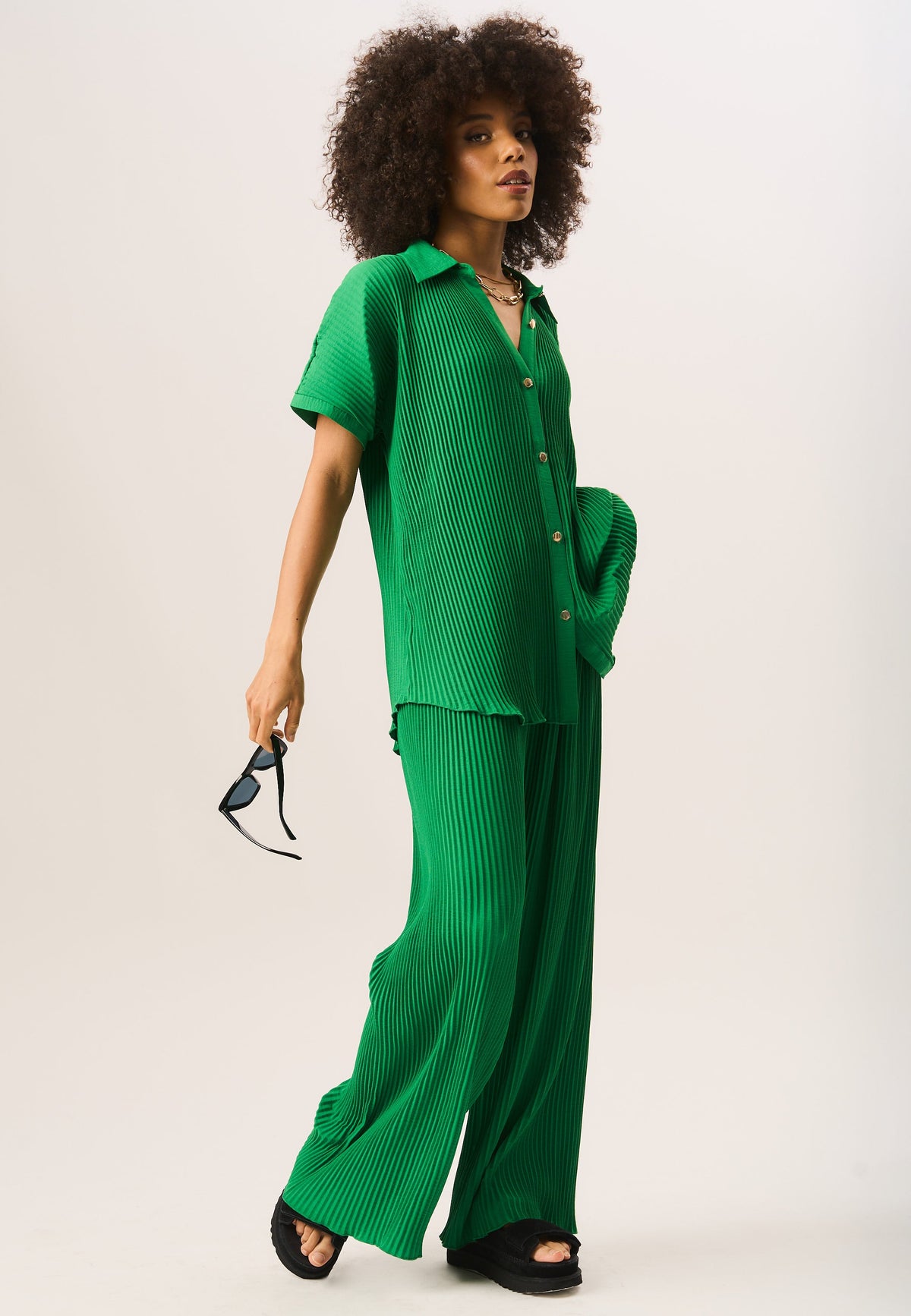 Green Plisse Loungewear Wide Leg Trousers - S (UK 8-10/US 4-6/EU 36-38)