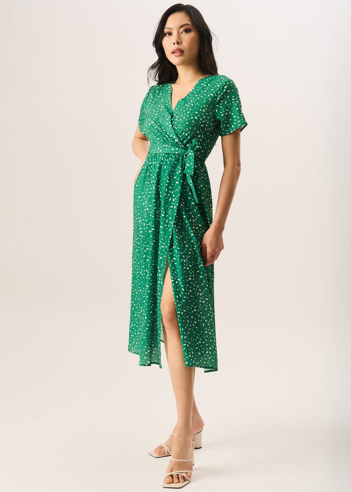 Green Animal Print Wrap Midi Dress - S-M (UK 8-10/US 4-6/EU 36-38)