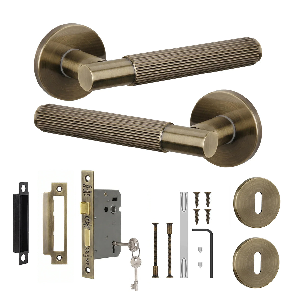 Hera Antique Brass Privacy Door Lever Handles - Sash Lock Kit 64mm