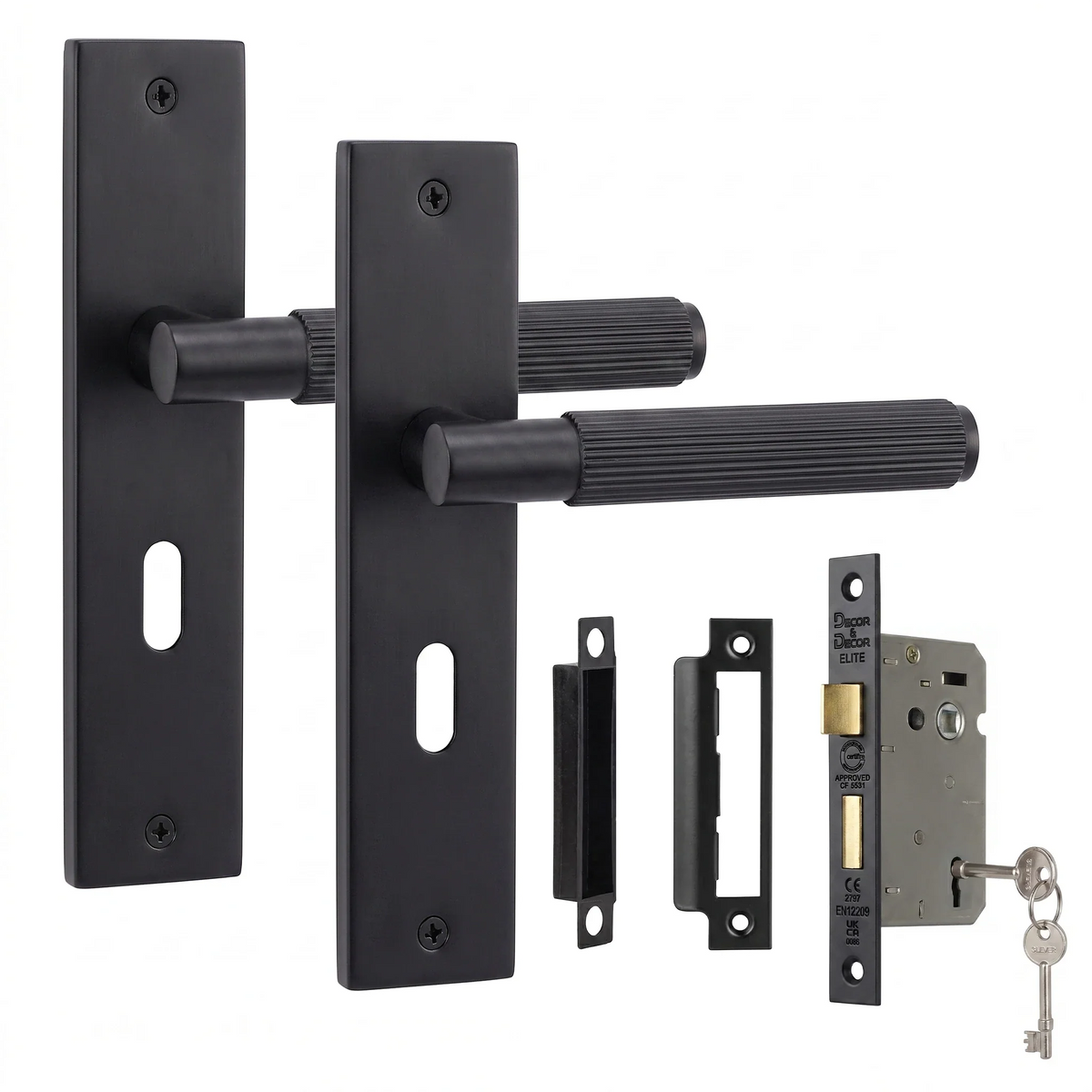 Hera Matt Black Privacy Door Lever Handles on Backplate - Sash Lock Kit 64mm