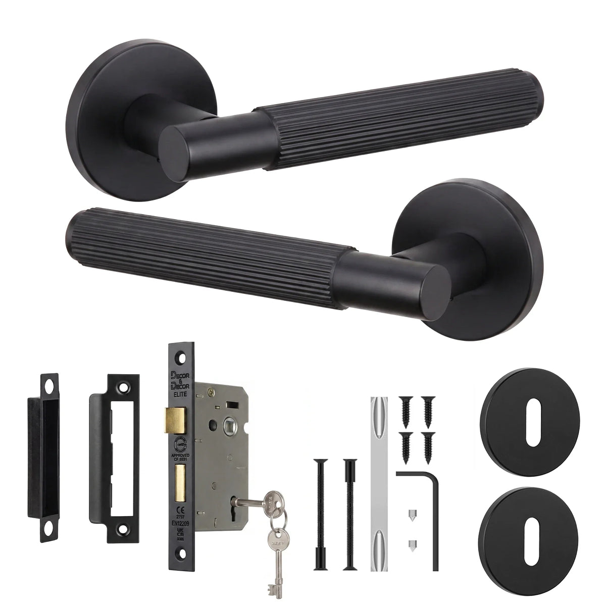 Hera Matt Black Privacy Door Lever Handles - Sash Lock Kit 64mm