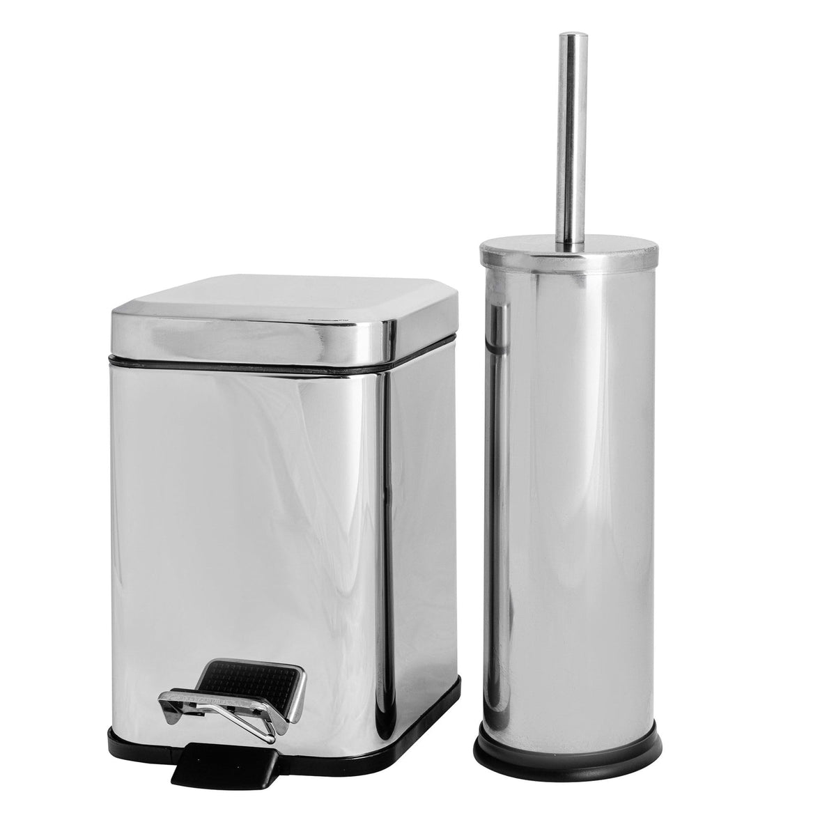 Chrome Round Toilet Brush & Square Bin Set