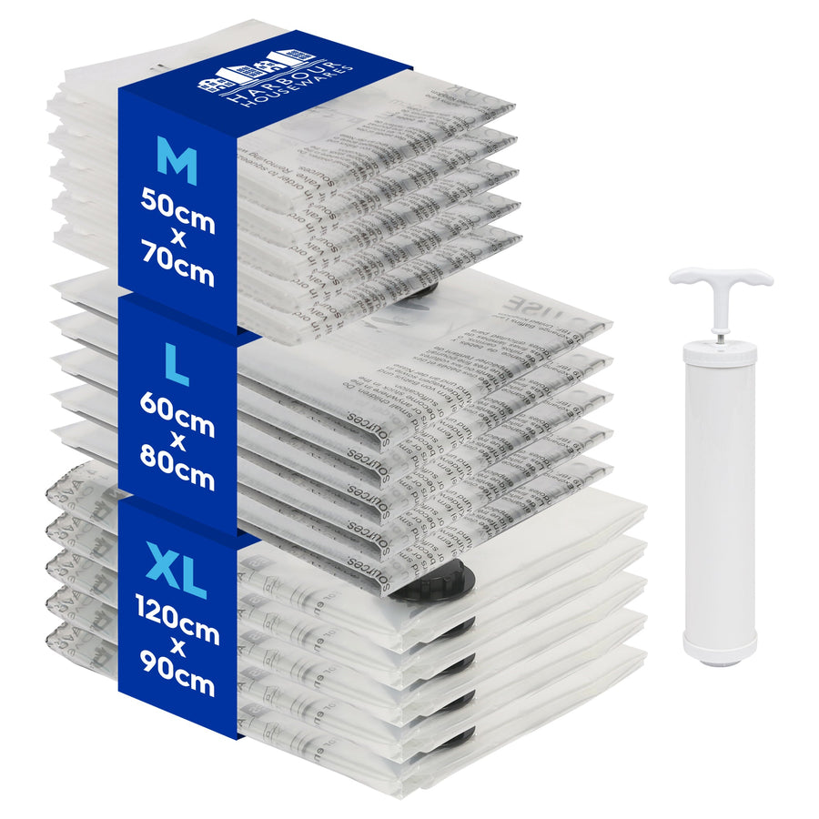 Vacuum Storage Bags with Hand Pump - 3 Sizes - White - Pack of 15