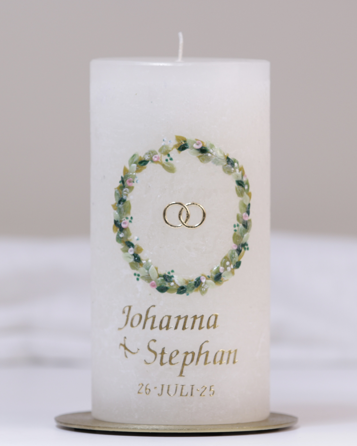 Hochzeitskerze „Johanna & Stephan“ elfenbein – personalisiert mit Namen & Datum