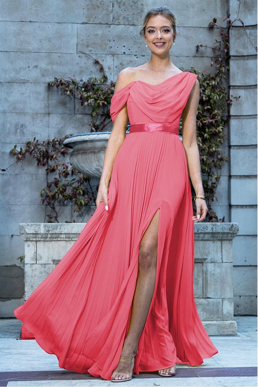 Cowl Neck One Shoulder A Line Chiffon Maxi Dress - Coral by Goddiva