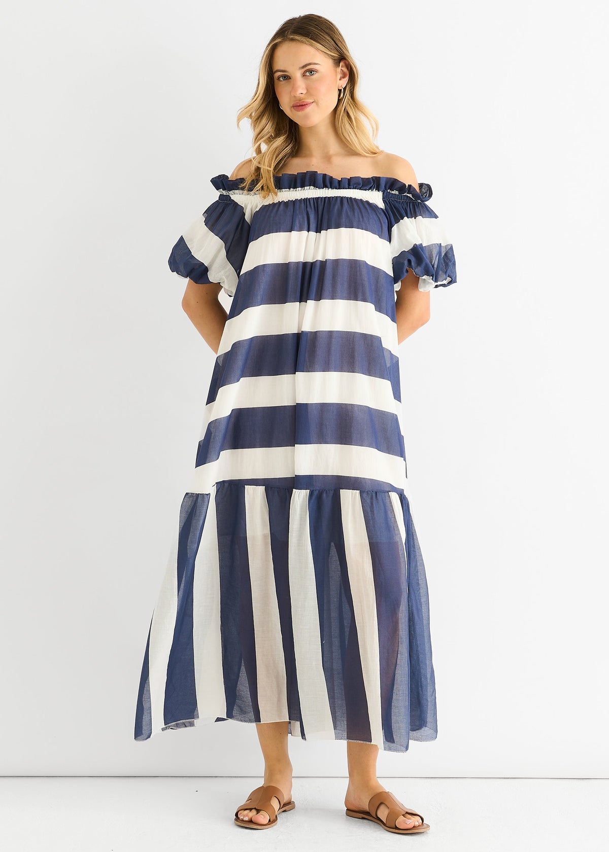 Blue Cotton Voil Bardot Stripe Midaxi Dress - S-M (UK 8-10/US 4-6/EU 36-38)