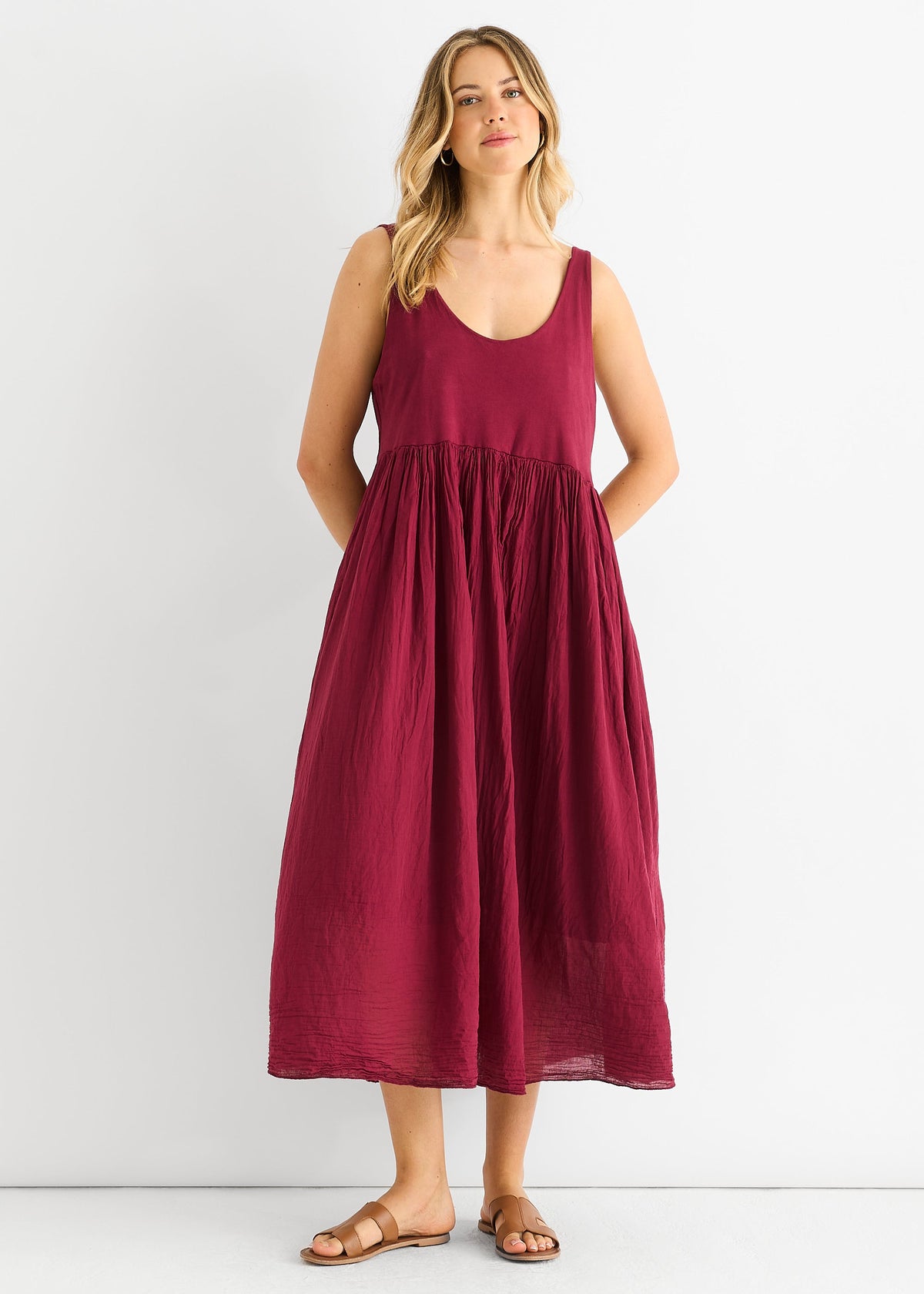 Red Scoop Neck Jersey Cotton Midi Dress - S-M (UK 8-10/US 4-6/EU 36-38)