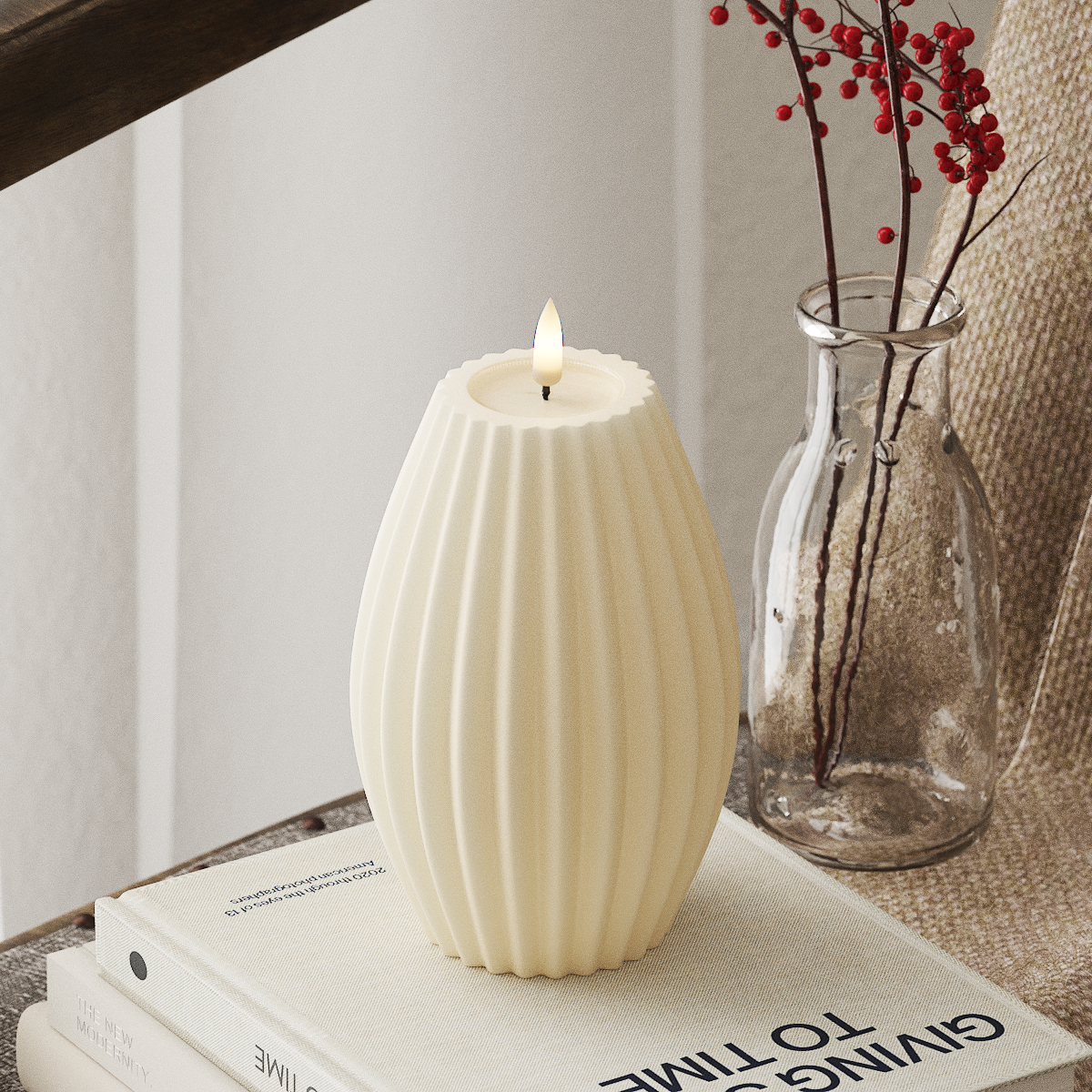 LED-Rillenkerzen D 10 x H 15 cm, Creme