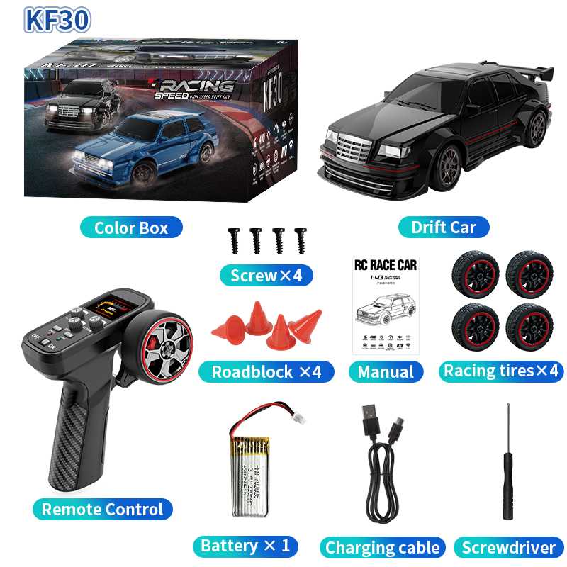 KFPLAN KF30 1/43 Scale 4WD Full Proportional Hobby RC Drift Car with Gyro, LED Lights, Replaceable Battery - Black / With 1 Battery