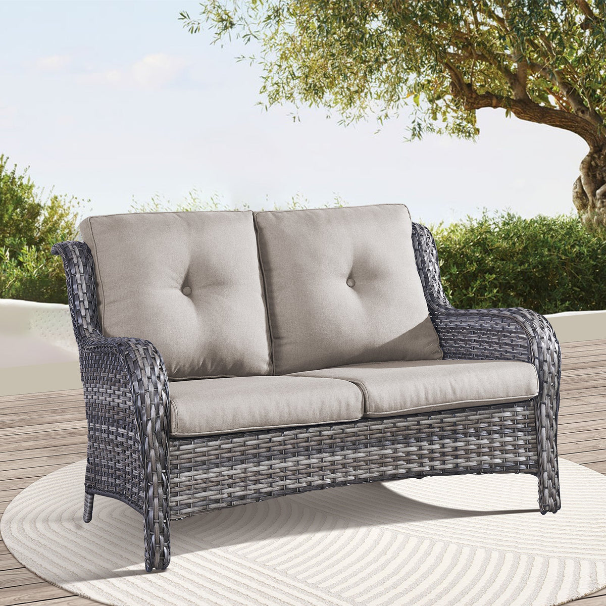 Outdoor Patio Furniture Wicker Loveseat Sofa, NTC Series - Mixed Grey Wicker / Grey Cushion