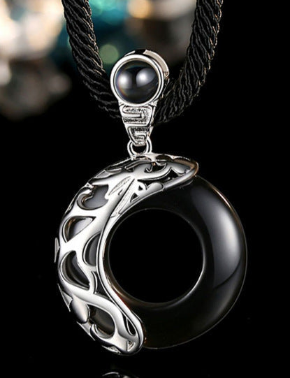Personalisierte Foto Projektion Kette mit Bild im Stein - Obsidian und Katzenauge Ring Anhänger