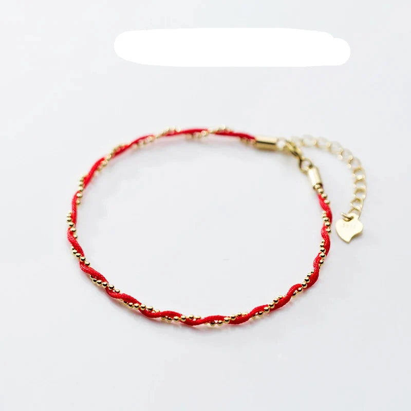 Elegant Red Rope Beads Bracelet for Women - Exquisite Adjustable 925 Sterling Silver Geometric Link Chain Fine Jewelry - Gold Color
