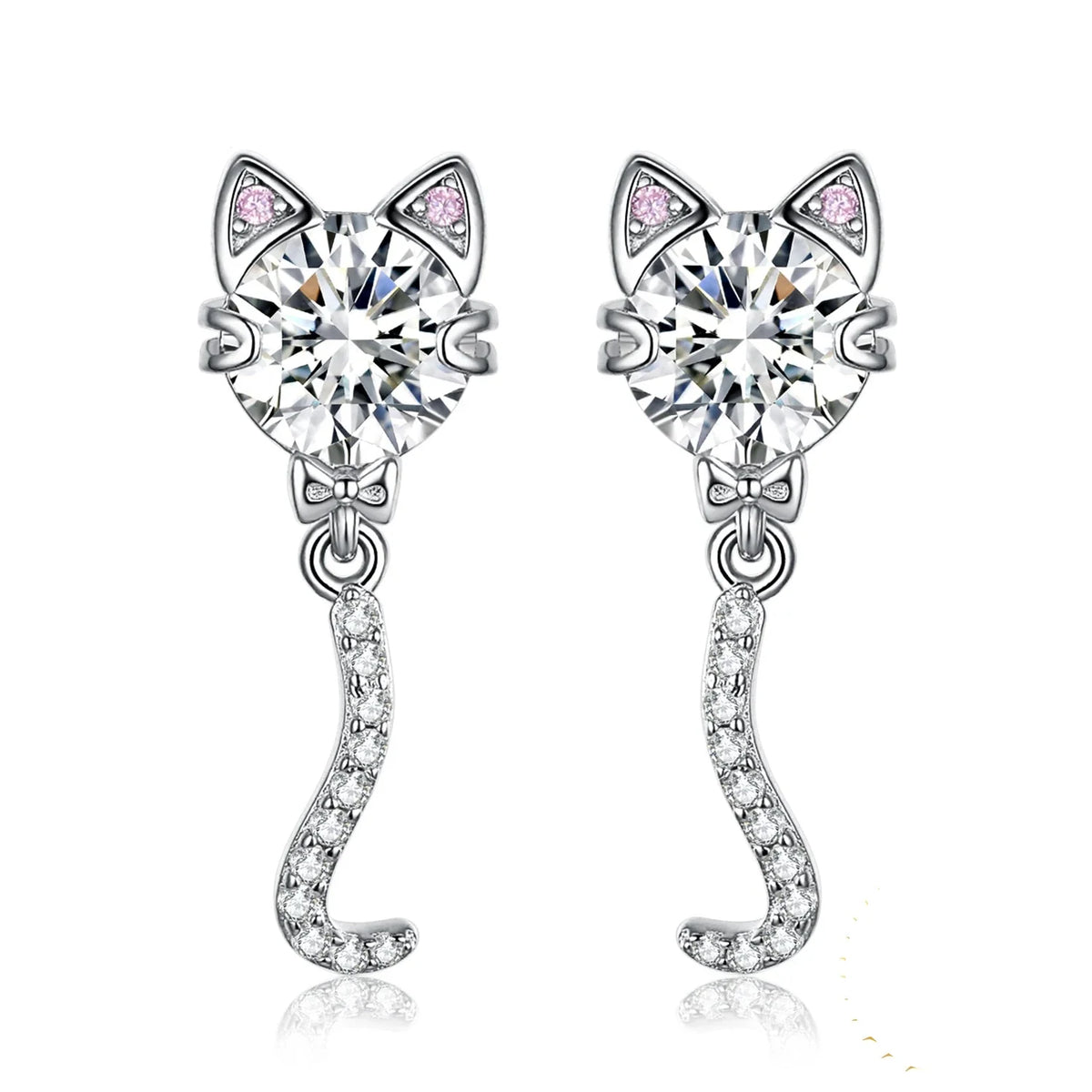 Elegant Love Cat Wagging Tail 4Ct Round Gemstone Stud Earrings in 925 Sterling Silver - Perfect Gift for Women and Girls