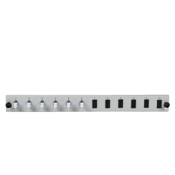 Bestückte 12 Port Frontblende mit 6 x LC, Duplex Kupplung OS2 vertikal, schwarz