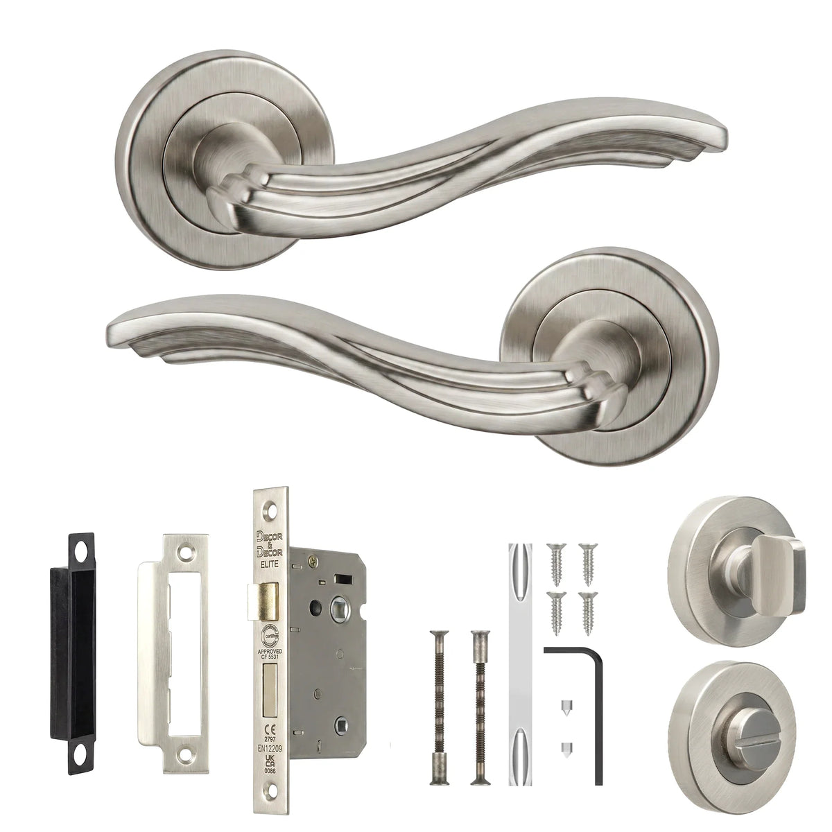 Solace Satin Nickel Bathroom Door Lever Handles - Bathroom Kit 64mm