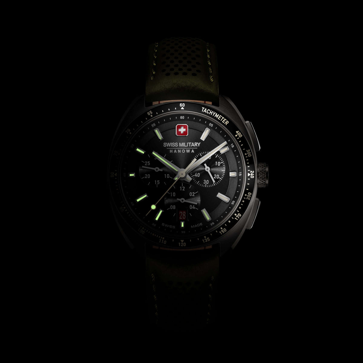 DEFENDER Chronograph Green Leather 43mm Herrenuhr Leder - Swiss Made