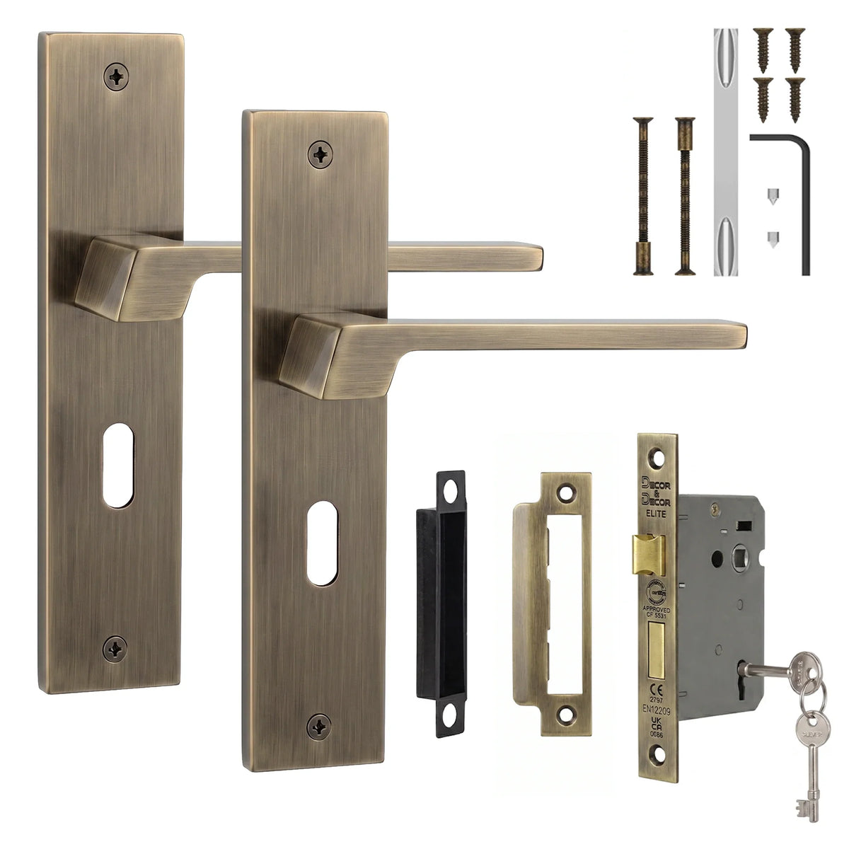 Spectra Antique Brass Privacy Door Lever Handles on Backplate - Sash Lock Kit 64mm