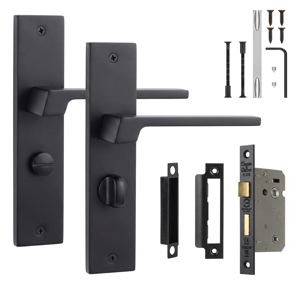 Spectra Matt Black Bathroom Door Lever Handles on Backplate - Bathroom Kit 64mm