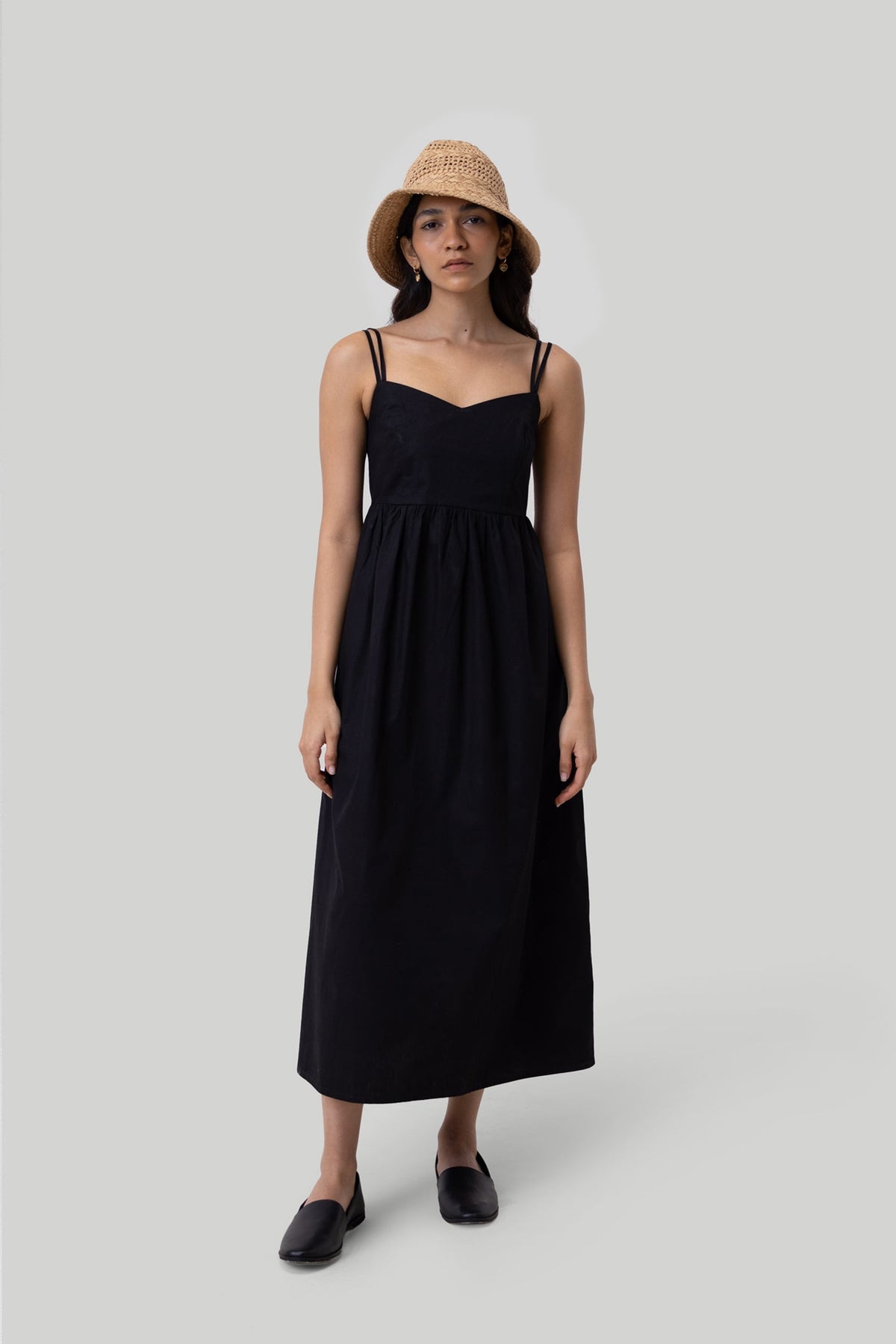 Strappy Gathered Midi Dress in Black | Color: Black | Size: XS
