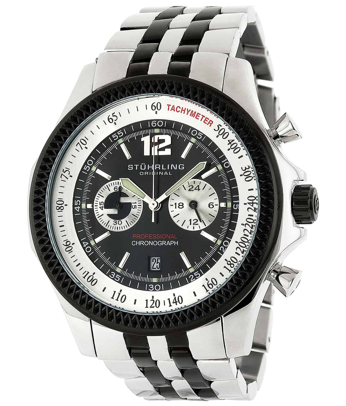Stührling Targa Elite 176AA Quartz 49mm Chronograph - Black Dial / Silver Case / Silver Stainless Steel Bracelet Deployant Buckle
