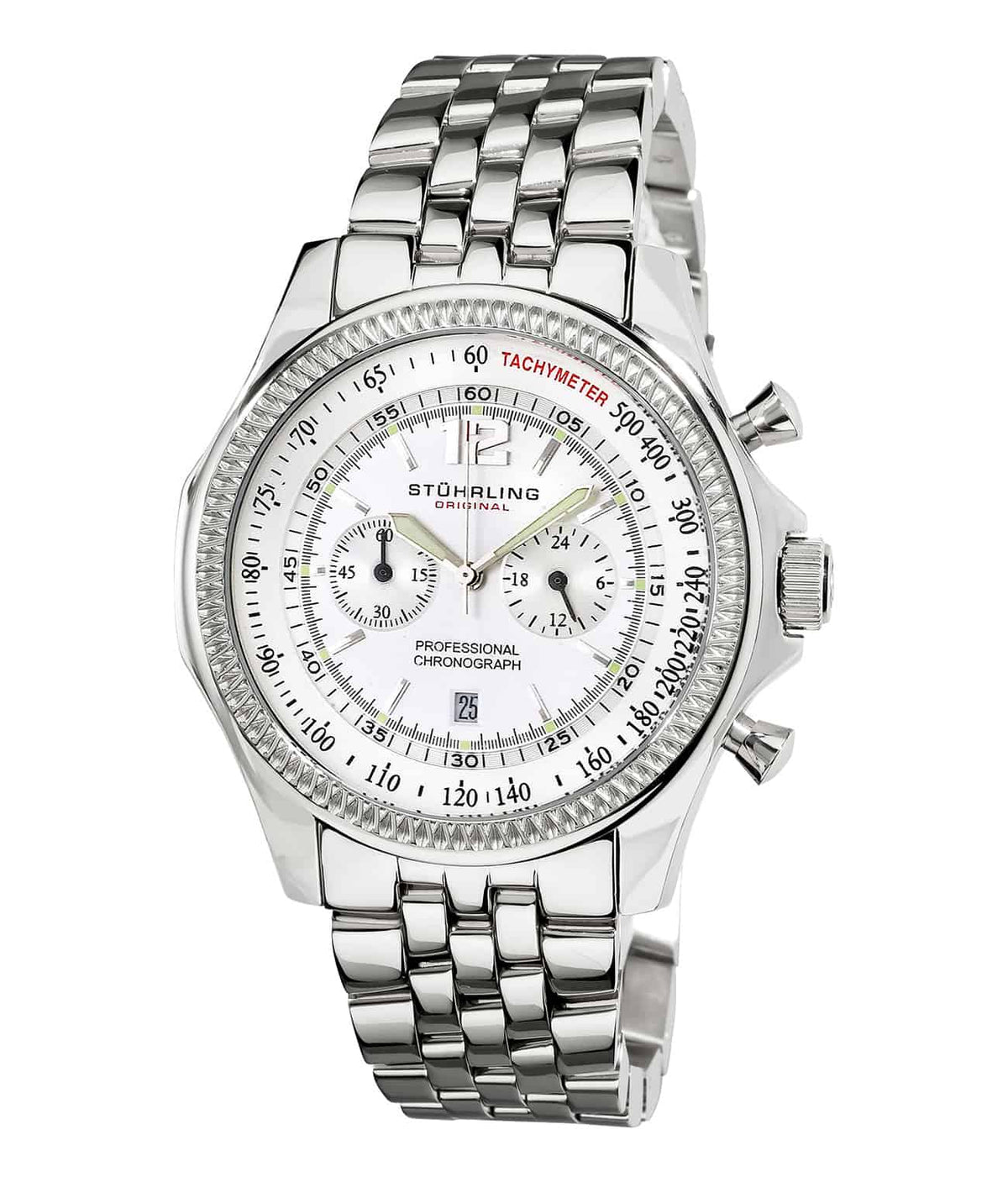 Stührling Targa 24 Pro 176B2 Quartz 48mm Chronograph - Silver Dial / Silver Case / Silver Stainless Steel Bracelet Deployant Buckle