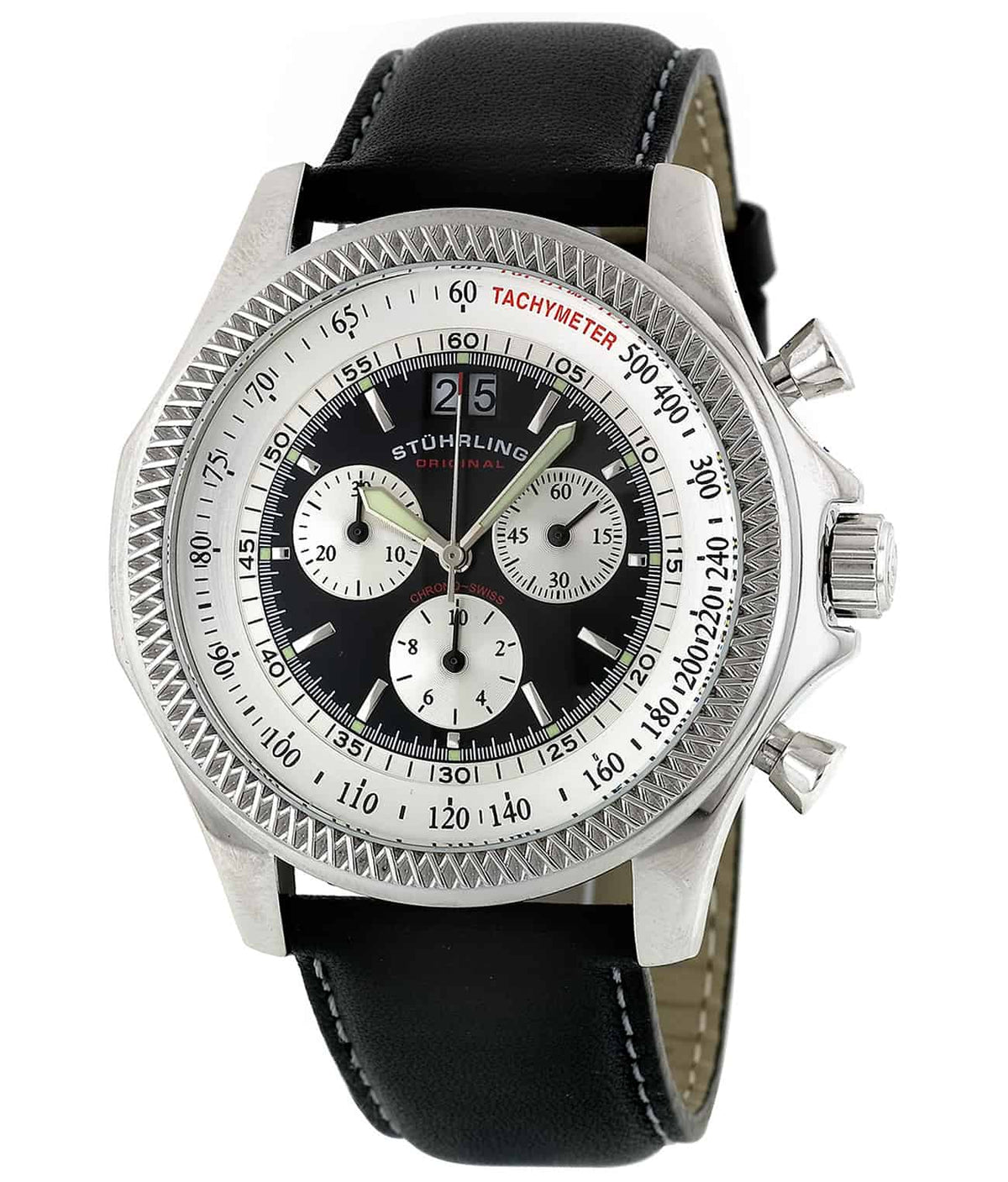Stührling Targa 176L Quartz 46mm Chronograph - Silver Dial / Silver Case / Black Leather Strap Tang Buckle