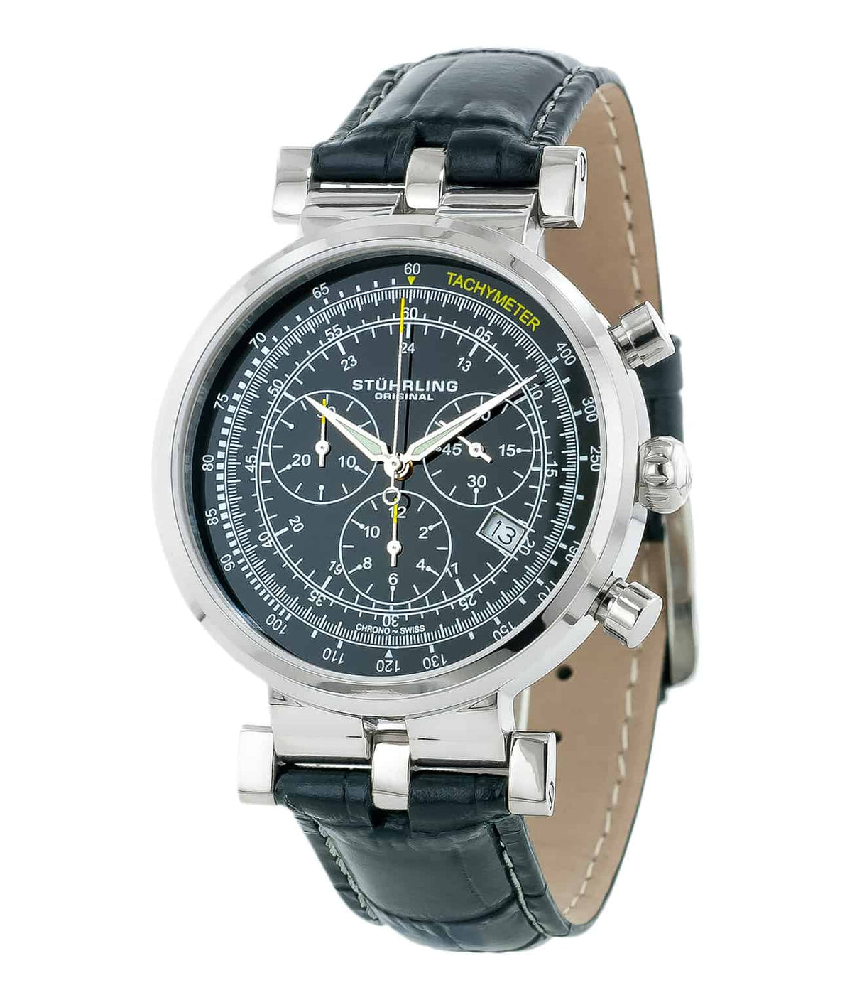 Stührling Trackmaster 211 Quartz 42mm Chronograph - Black Dial / Silver Case / Black Leather Strap Tang Buckle