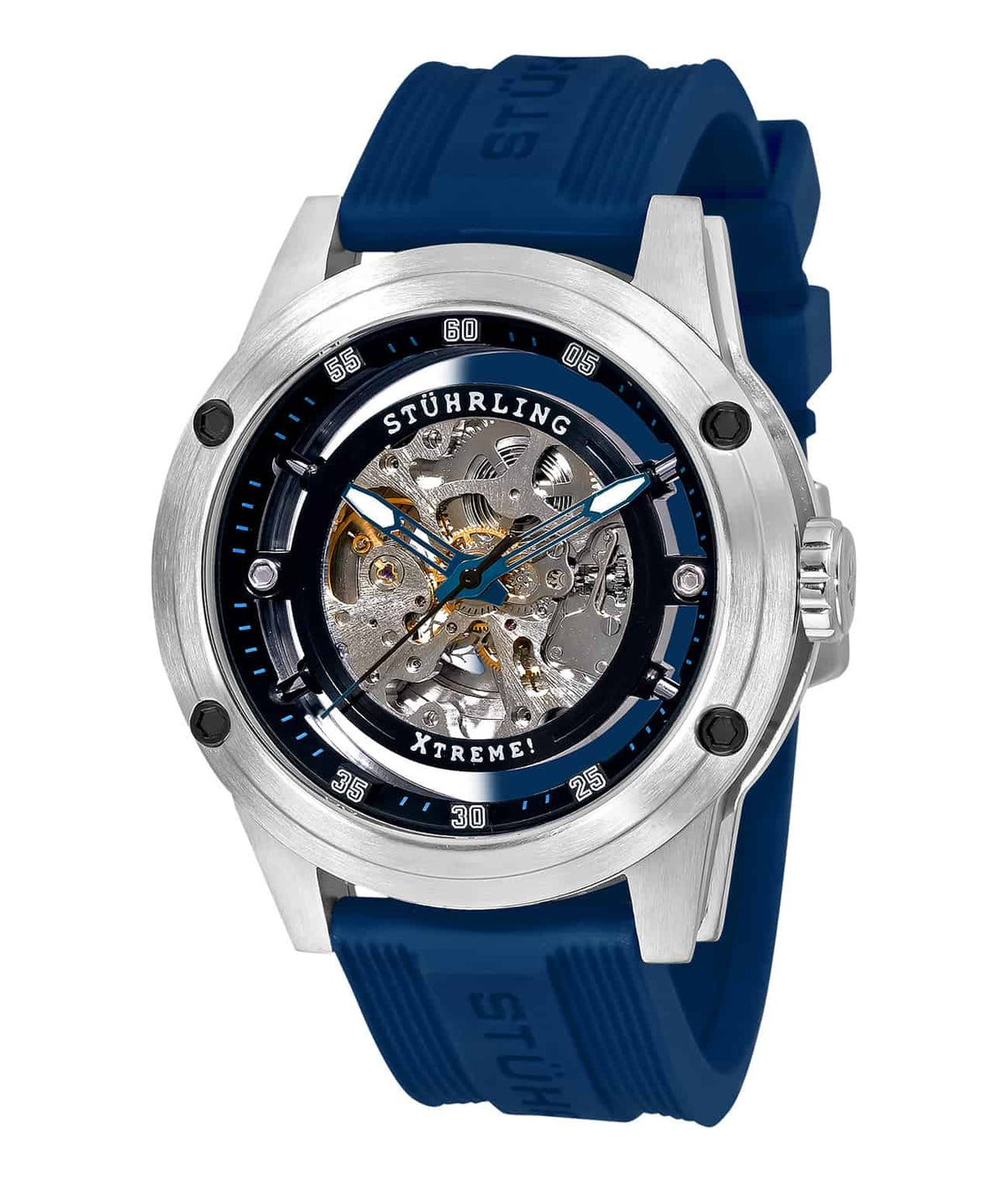 Stührling Zolara 360 Sport 314R Automatic 50mm Skeleton - Black Dial / Silver Case / Blue Silicone Strap Tang Buckle