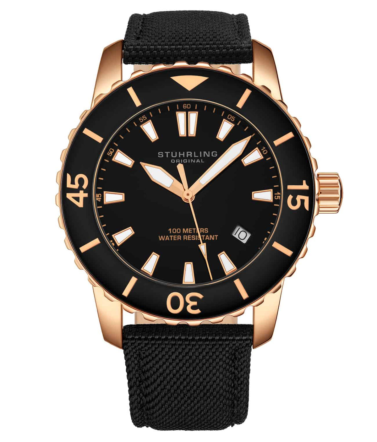 Stührling Vector 3266 Quartz 44mm Diver - Black Dial / Rose Case / Black Leather Strap Tang Buckle