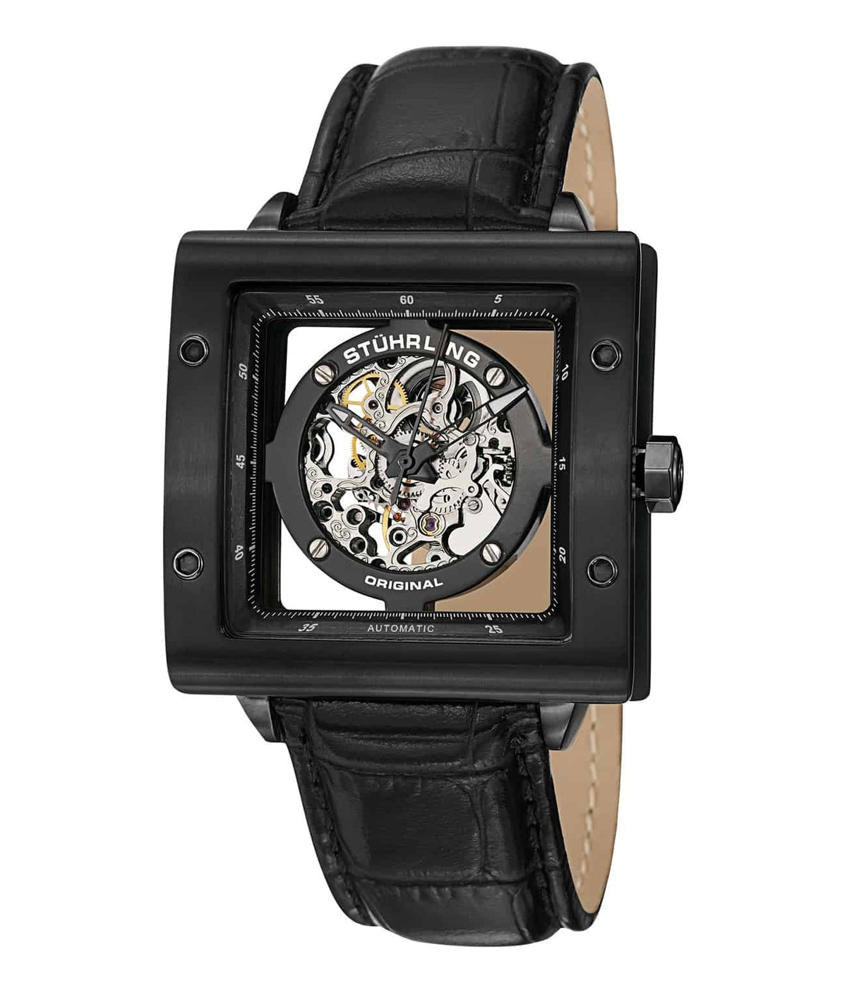 Stührling Zolara Square 337 Automatic 38mm Skeleton - Black PVD Dial / Black PVD Case / Black Leather Strap Tang Buckle