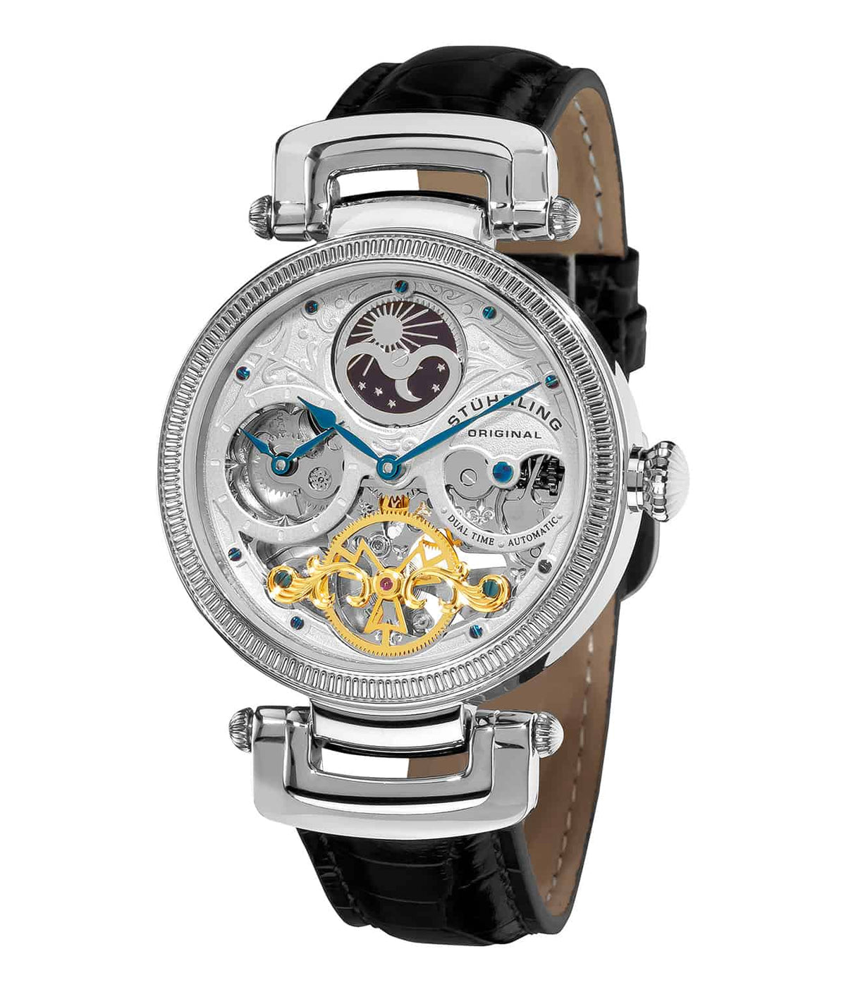 Magistrate 353A Automatic 41mm Skeleton - Silver Dial / Silver Case / Black Leather Strap Tang Buckle