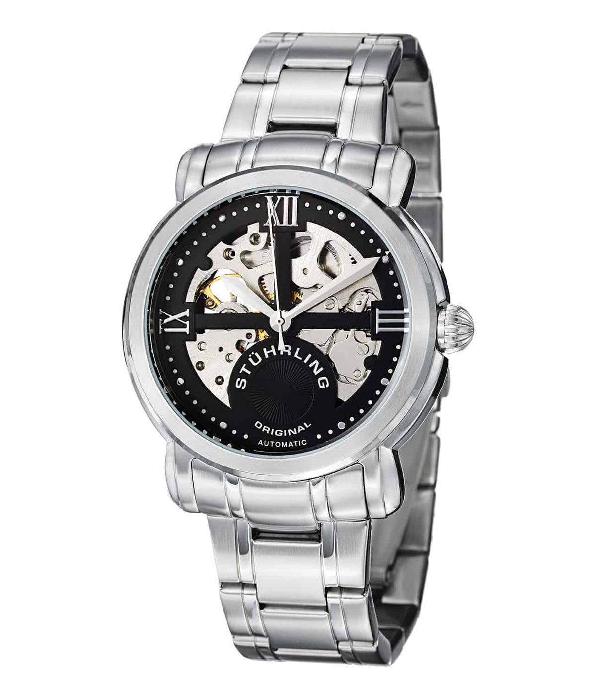 Argent 386 Automatic 42mm Skeleton - Black Dial / Silver Case / Silver Stainless Steel Bracelet Deployant Buckle