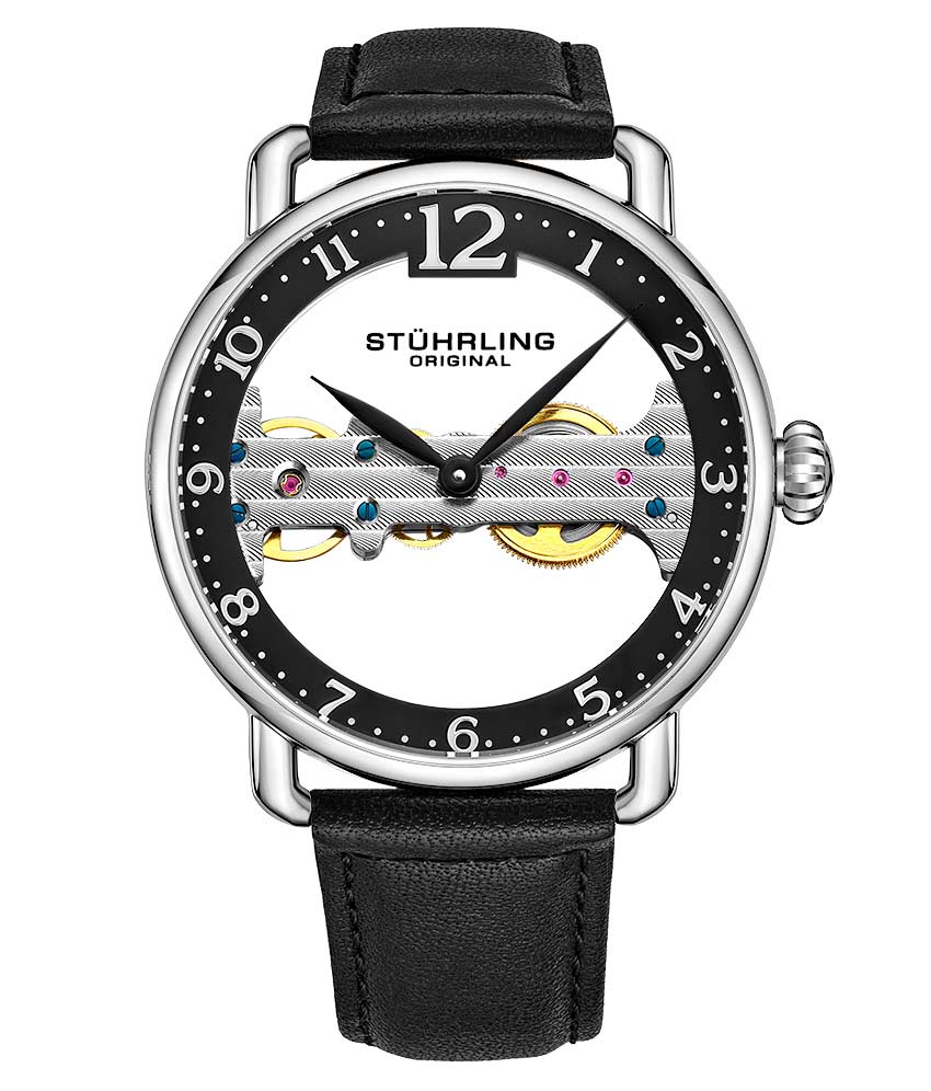 Stührling Bridge 3914 Mechanical 42mm Skeleton - Black Dial / Silver Case / Black Leather Strap Silver Tang Buckle