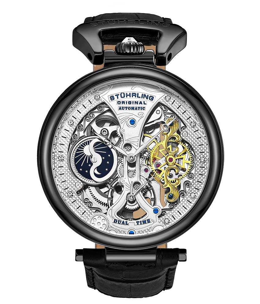 Stührling Emperor’s Grand DT 3920 Automatic 46mm Skeleton - Silver Dial/Black Case/Black Leather Strap