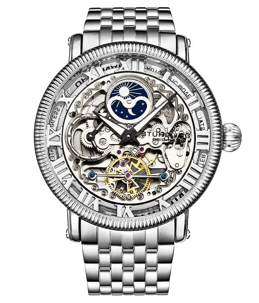 Stührling Symphony DT 411 Automatic 47mm Skeleton - Silver Dial / Silver Case / Silver Stainless Steel Bracelet Deployant Buckle