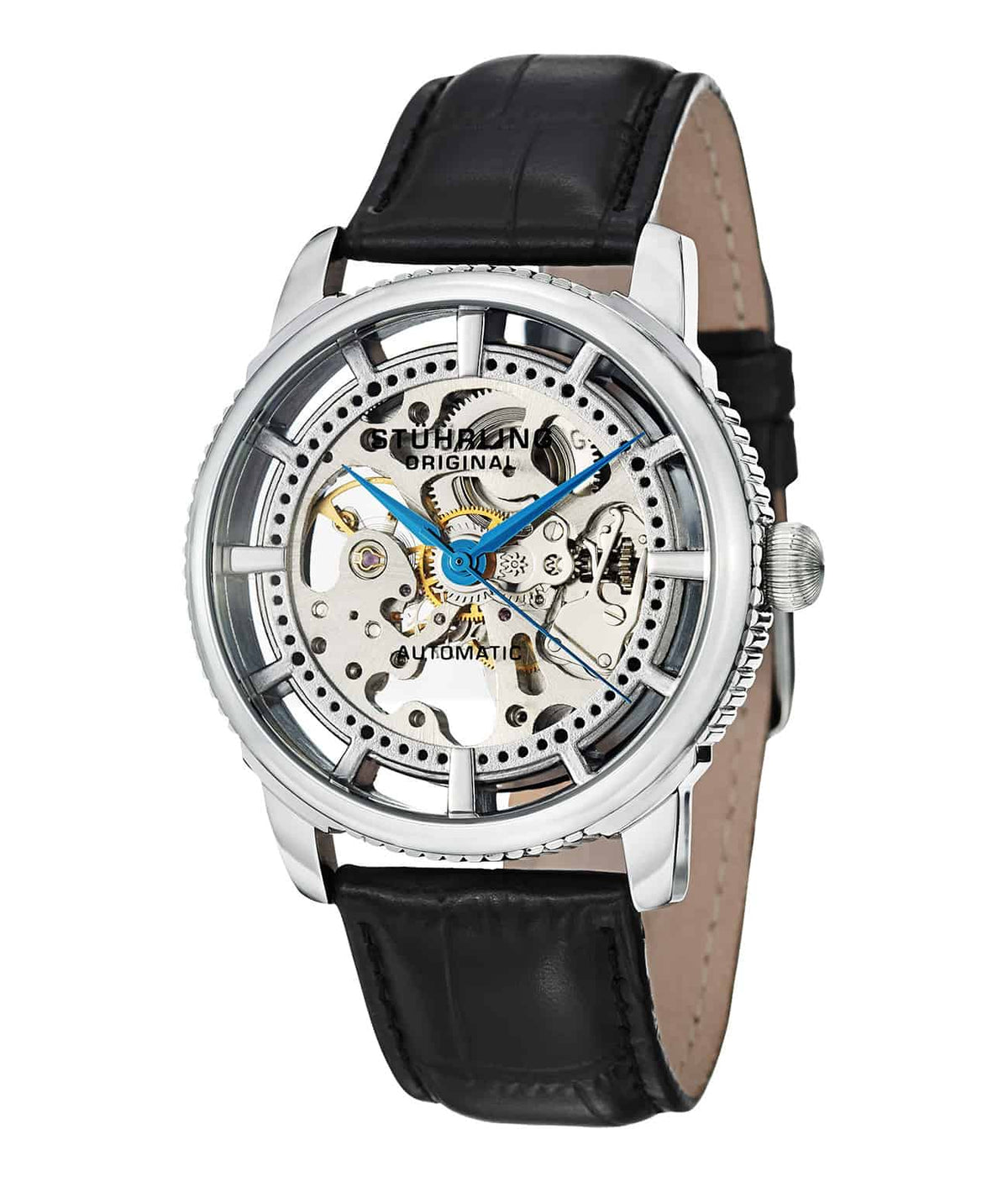 Stührling Winchester Skeleton 393 Automatic 42mm - Silver Dial / Silver Case / Black Leather Strap Tang Buckle