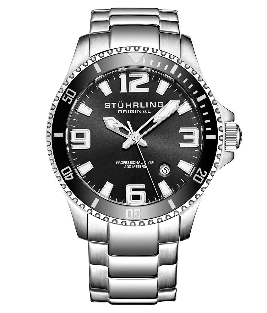 Stührling Regatta Champion 395 Quartz 42mm Diver - Black Dial / Silver Case / Silver Stainless Steel Bracelet Silver Deployant Buckle