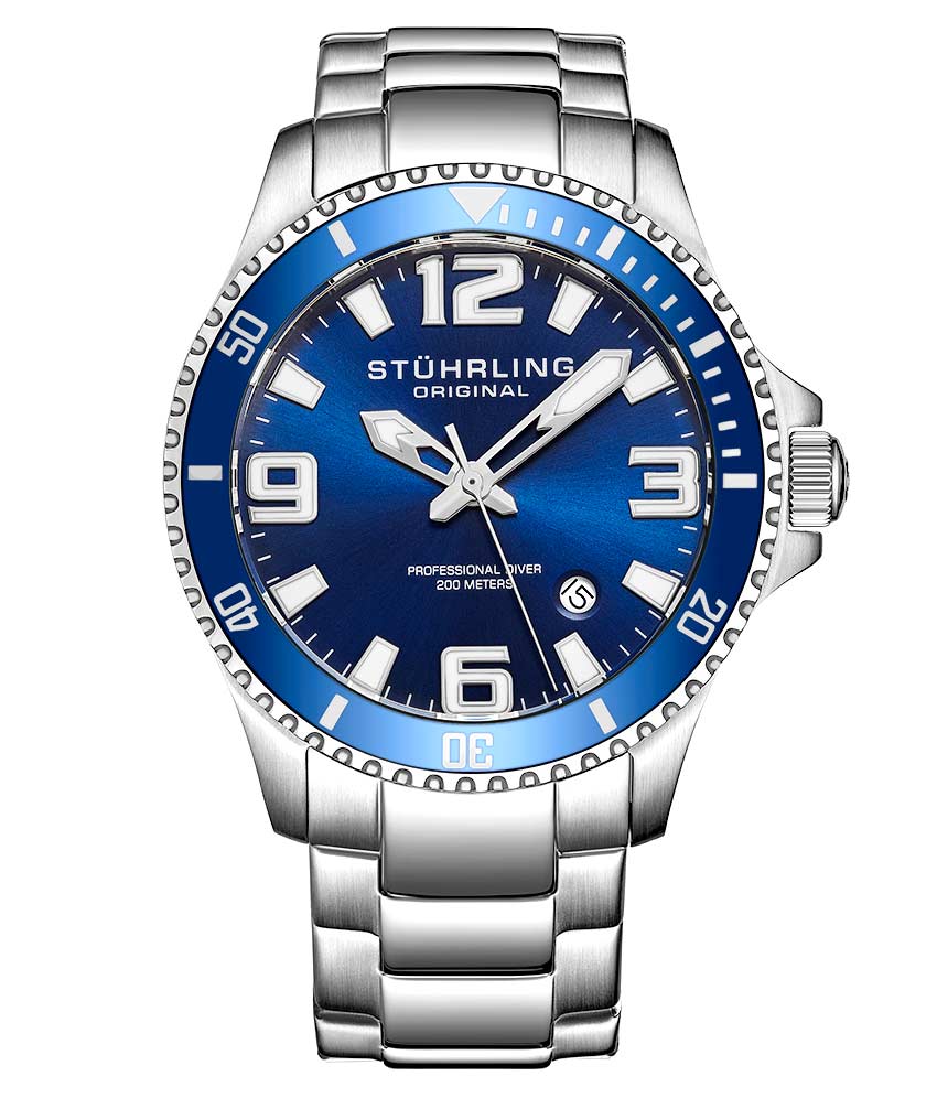 Stührling Regatta Champion 395 Quartz 42mm Diver - Blue Dial / Silver Case / Silver Stainless Steel Bracelet Silver Deployant Buckle