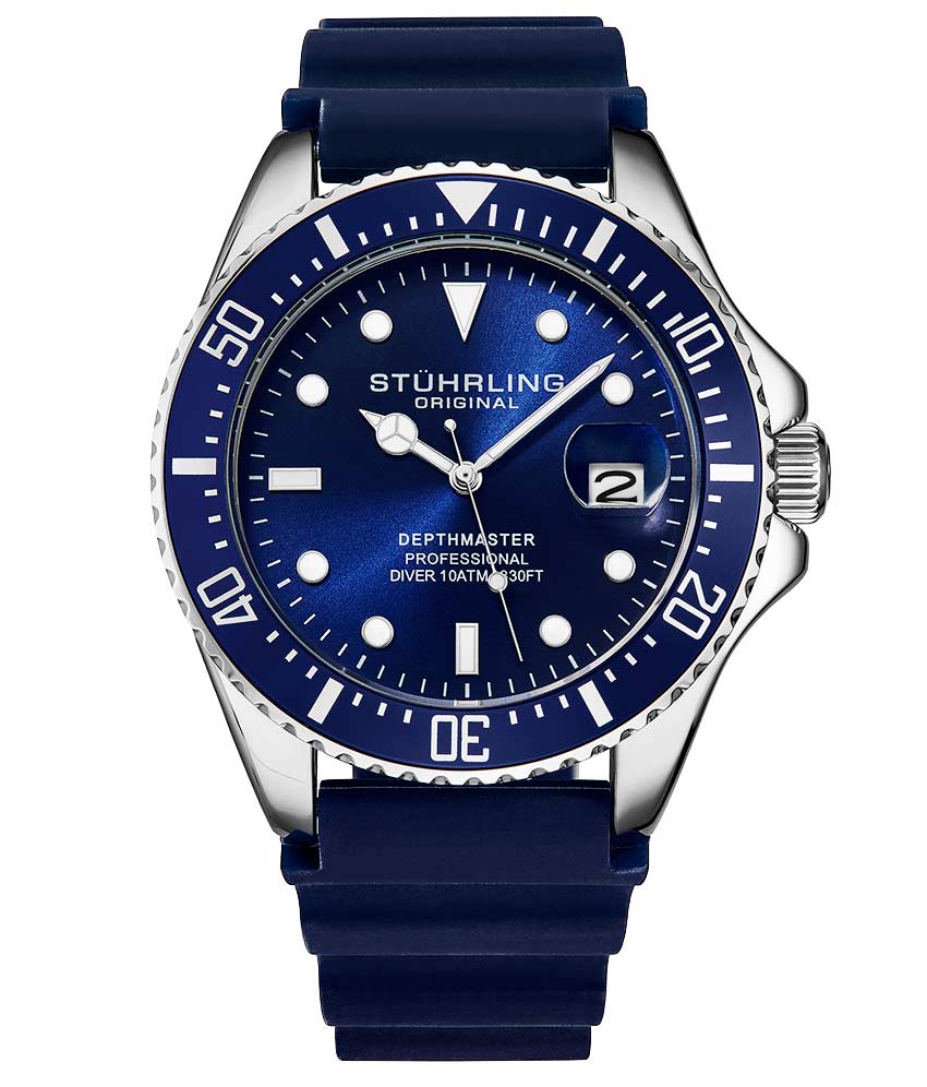Stührling Pelagos 3950R Quartz 42mm Diver - Blue Dial/Silver Case/Blue Rubber Strap