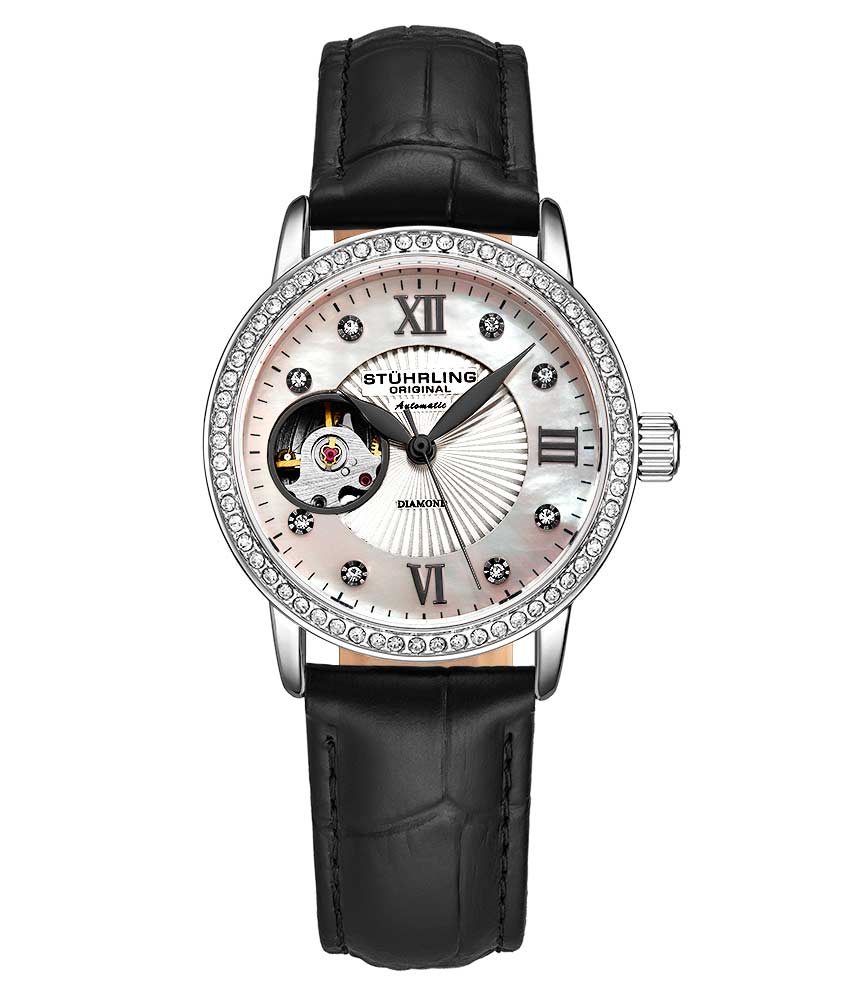 Stührling Legacy 3952 Automatic 34mm Skeleton - Silver Dial/Silver Case/Black Leather Strap