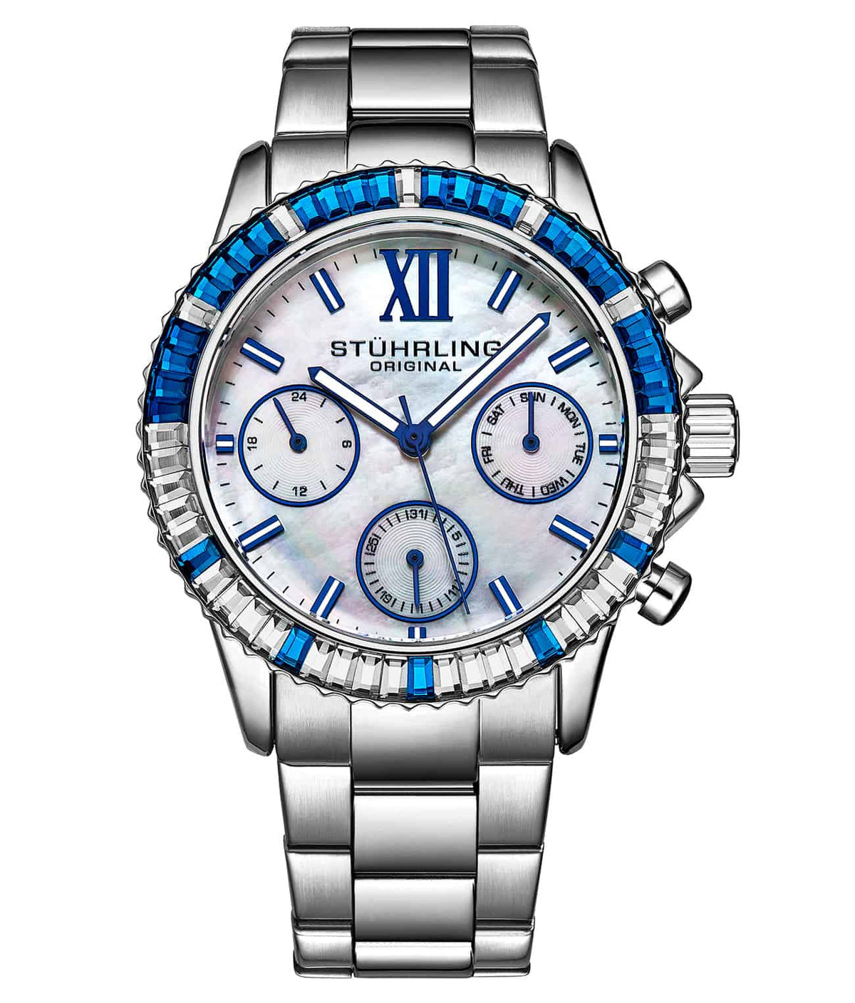 Stührling Cerulean Quartz 39mm Fashion - Silver Dial / Silver Case / Silver Stainless Steel Bracelet Deployant Buckle